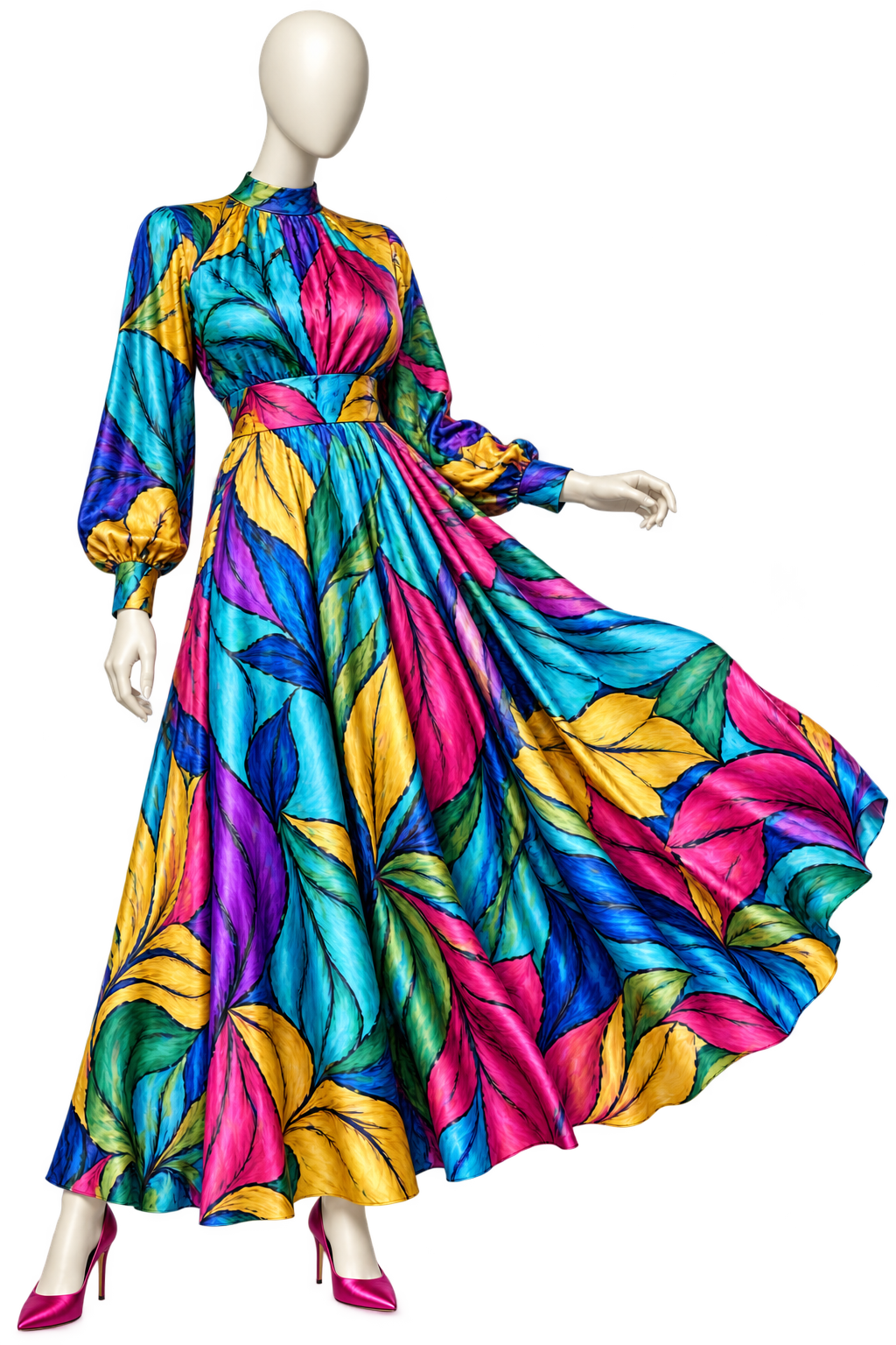 Fashion concept: a faceless ivory mannequin wearing a vivid botanical-print silk dress